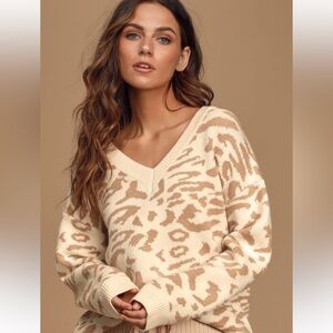 Lulu's Cream and Brown V-Neck Sweater